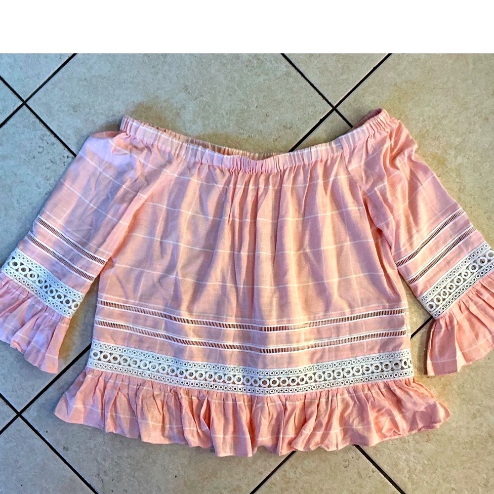 Macy's Seed Heritage Off Shoulder Blouse Womens L Pink New Lace Ruffle NWT